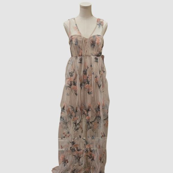 Avec Les Filles Ivory Pink Floral Embroidered Dress Nude Lining Size 8 NWT - Picture 3 of 5